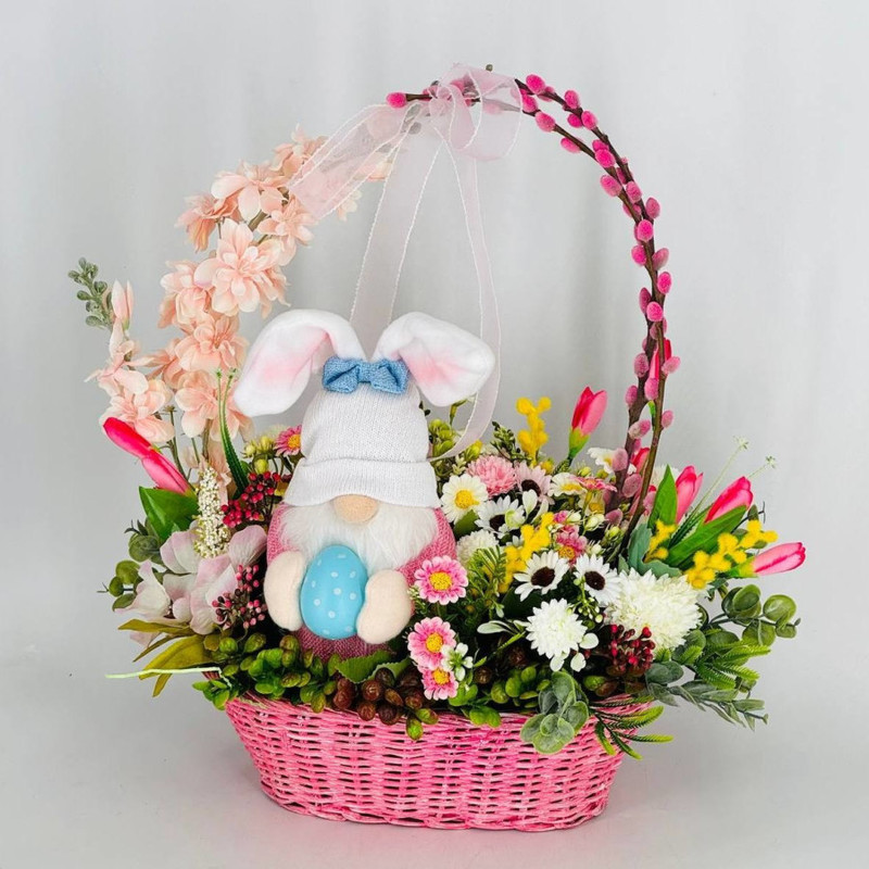 Easter basket with artificial flowers and willow with interior gnome, standart