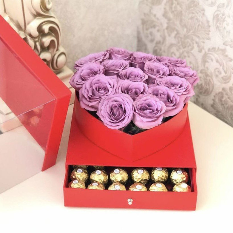 Букет из 15 розовых роз в коробке сюрприз с конфетами, стандартный