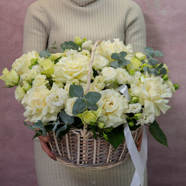 basket with white French roses