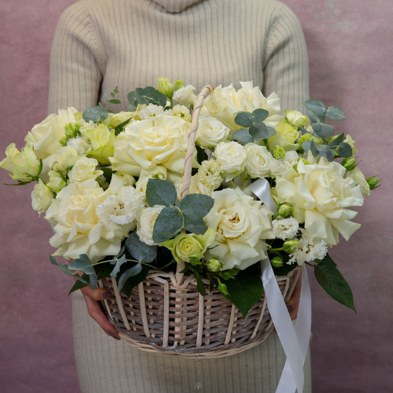basket with white French roses, standart