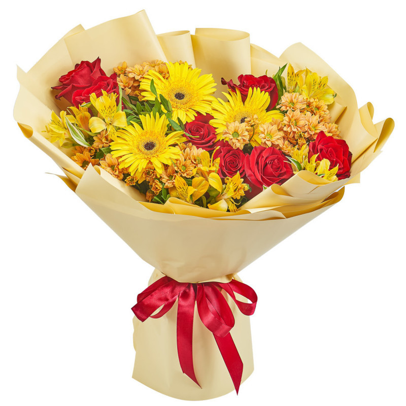 Bright bouquet of spray chrysanthemums, roses and alstroemerias, standart