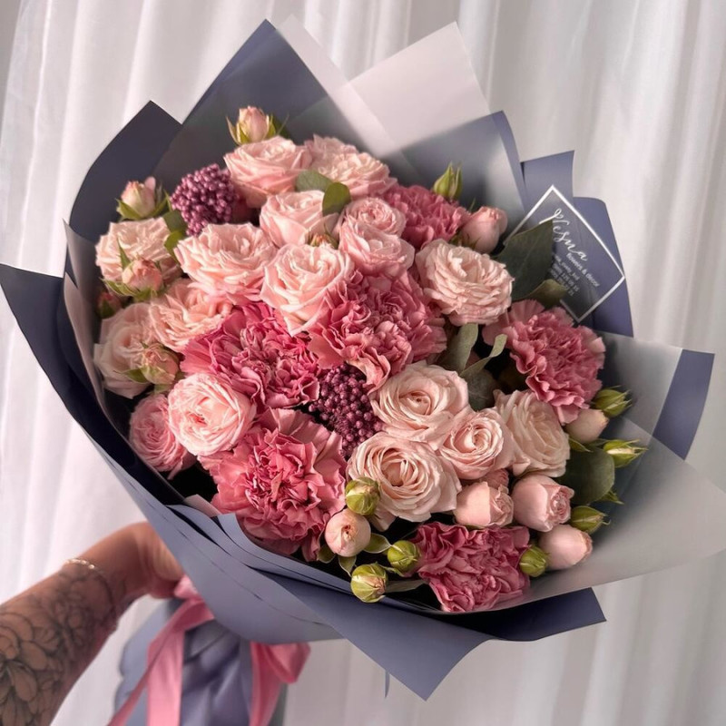 Designer bouquet with peony roses, dianthus, ozothamnus and eucalyptus, standart