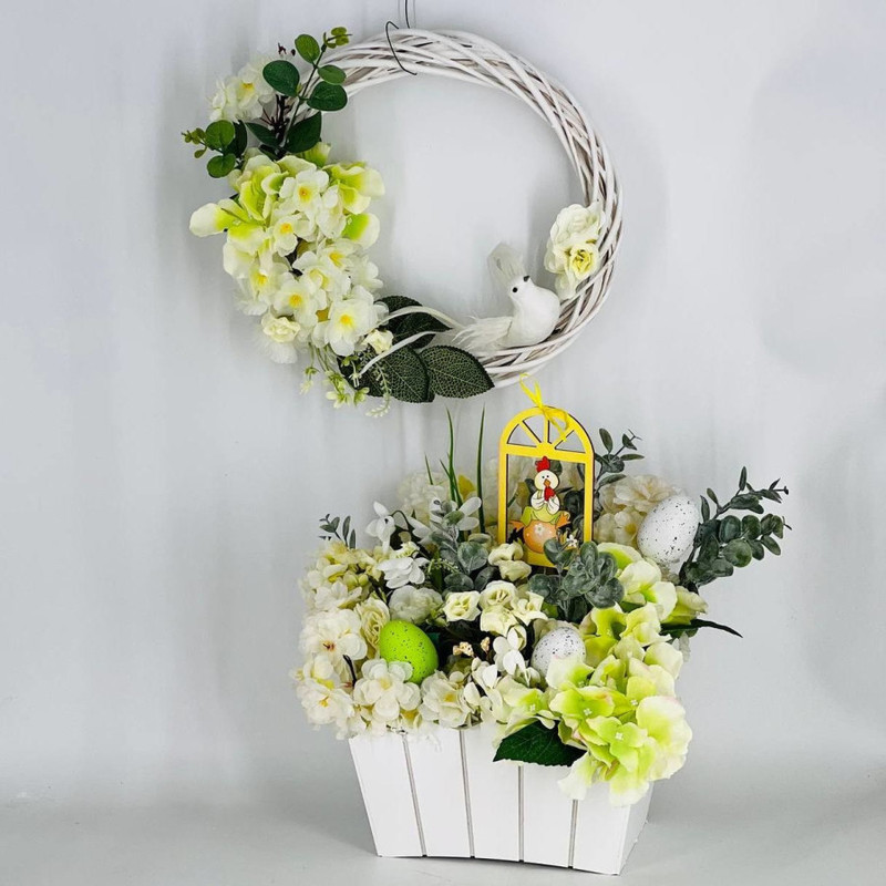 Interior composition Easter set 2 in 1 wreath and bouquet of artificial flowers, standart