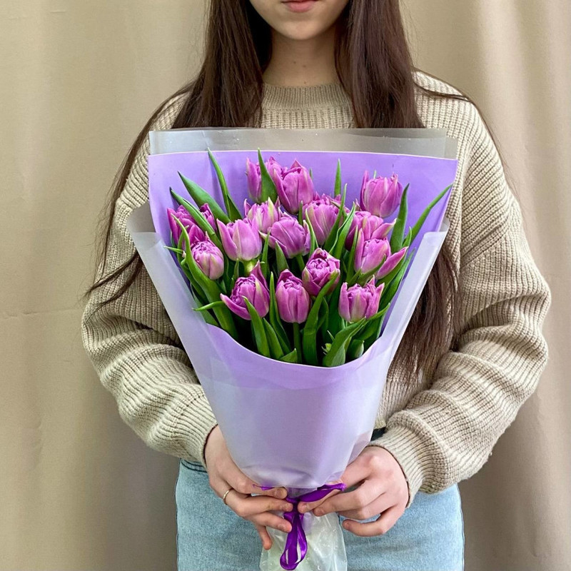 Bouquet of 15 lilac tulips in a package, standart