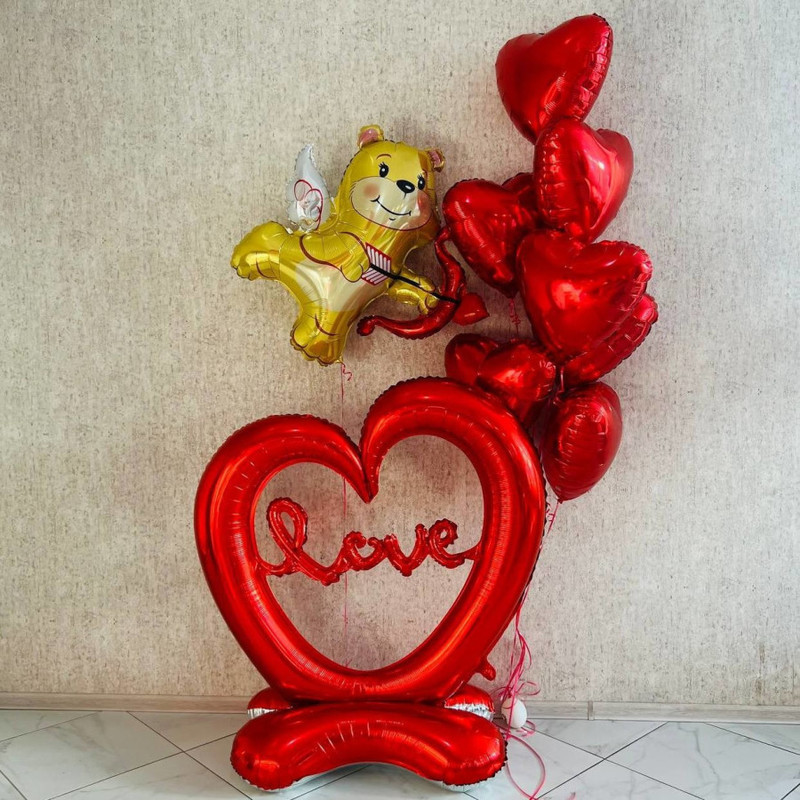 Photo zone made of balloons for February 14, a huge floor heart with Cupid the bear, standart
