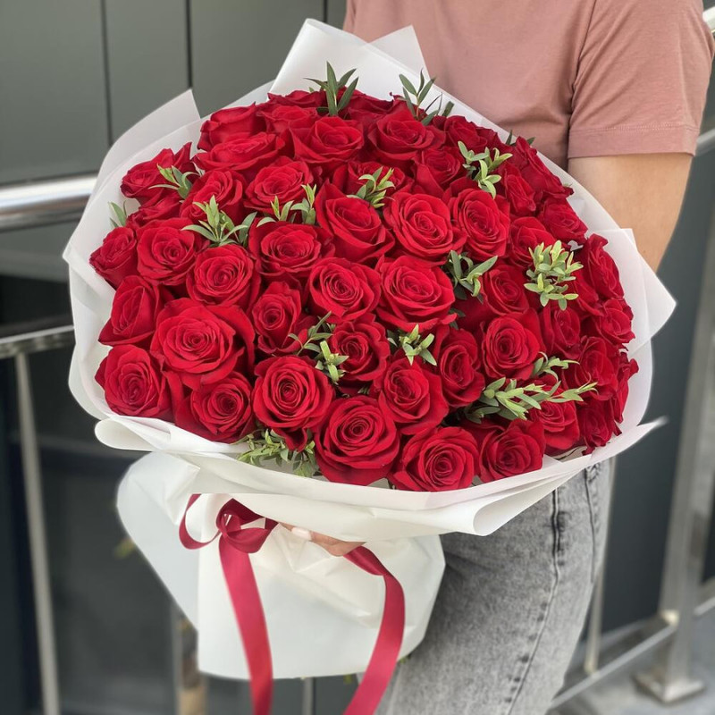 Bouquet of 51 red roses and greenery, standart