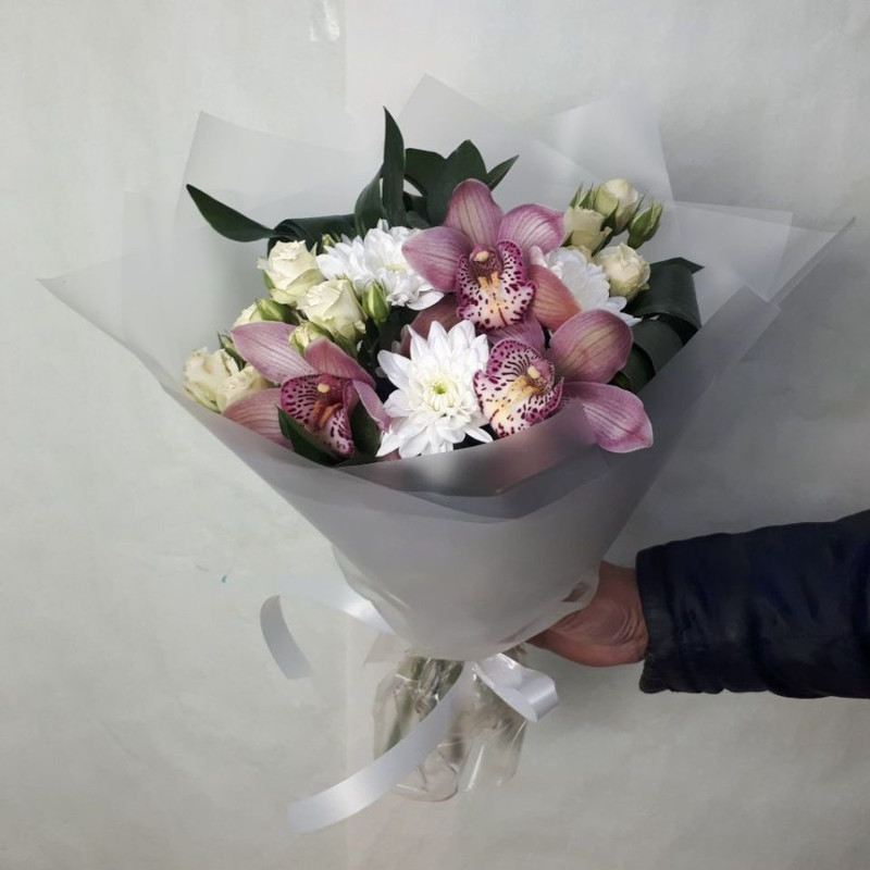 Орхидея с кустовой розой и хризантемой, стандартный