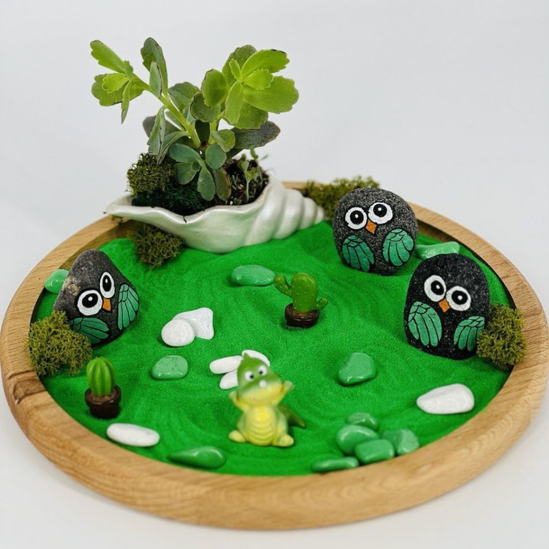 Tabletop rock garden with multi-colored sand "Owls", standart