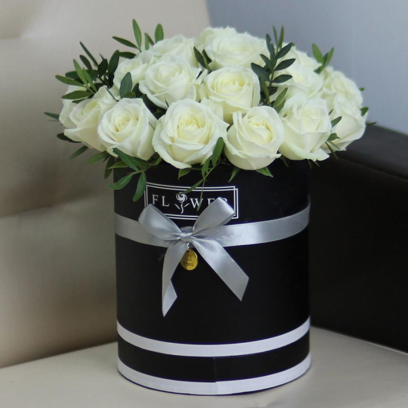 25 white roses in a black box with greenery, standart