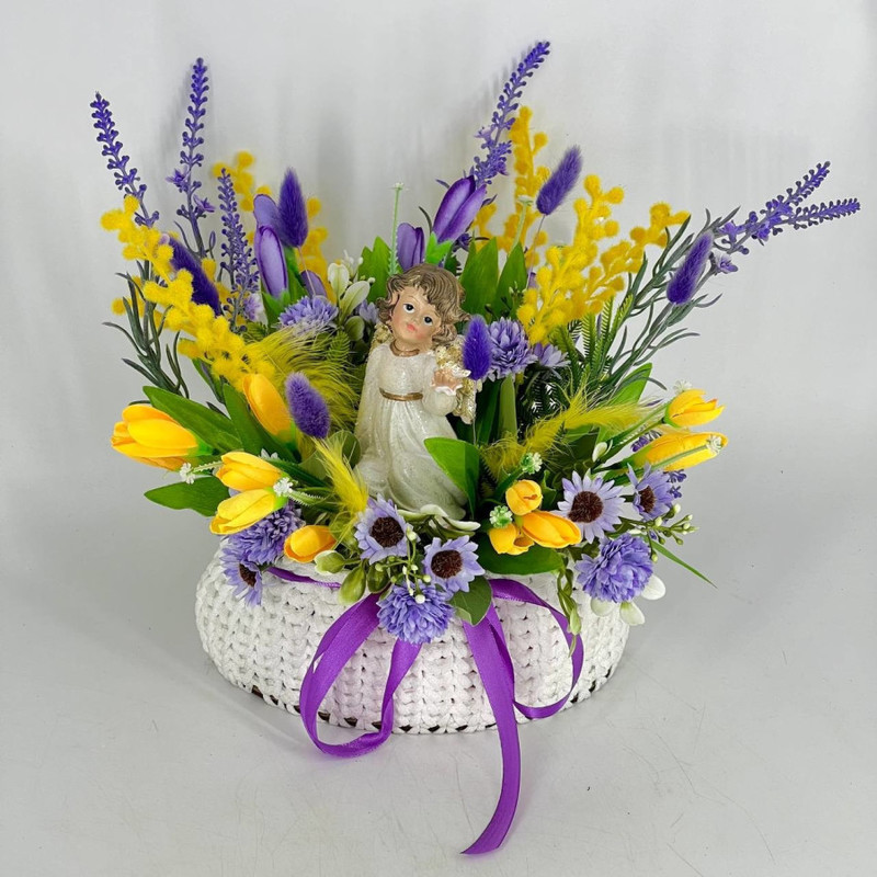 Easter gift bouquet of artificial flowers with an angel, standart