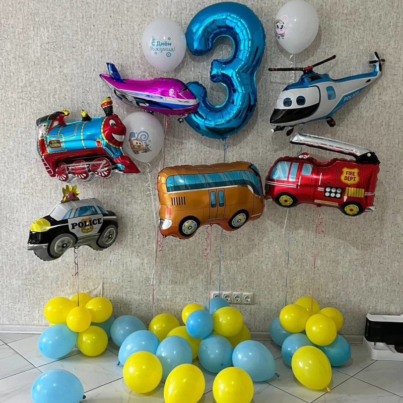 Photo zone from balloons for a boy with transport, standart