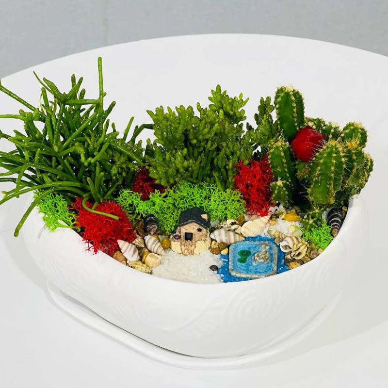 Дизайнерская композиция  с растениями "Дом на берегу моря" подарок для мамы, стандартный