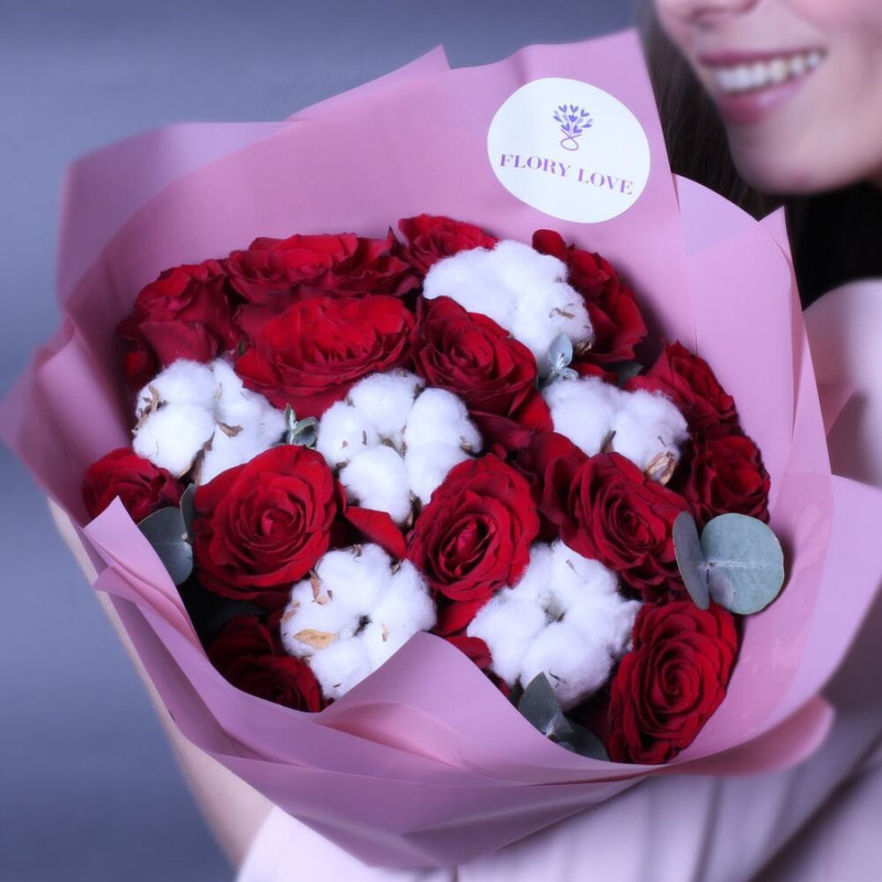 Bouquet of red roses with cotton "Bordeaux", standart