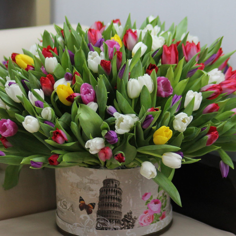 Bouquet of 201 mix tulips in a box, standart