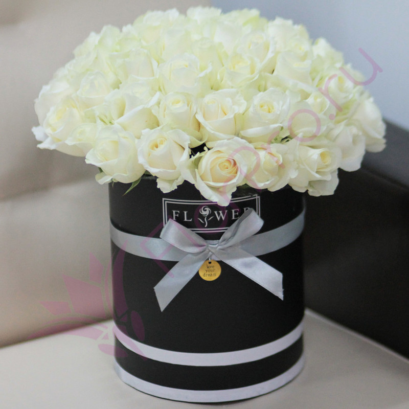 Box with flowers of 51 roses "White Roses Avalanche", standart