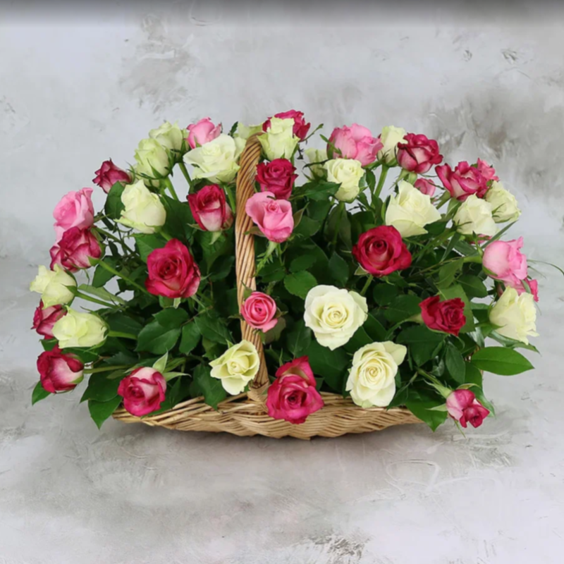 51 white and pink roses 40 cm in a basket, standart