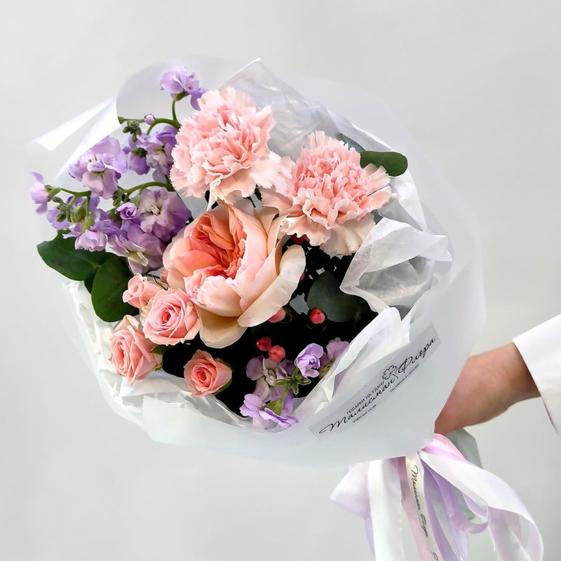 Flow of tenderness compact bouquet of roses and carnations, standart