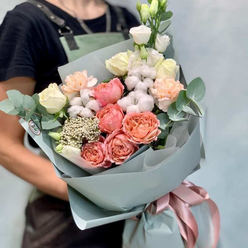 Bouquet with peony roses and cotton, standart
