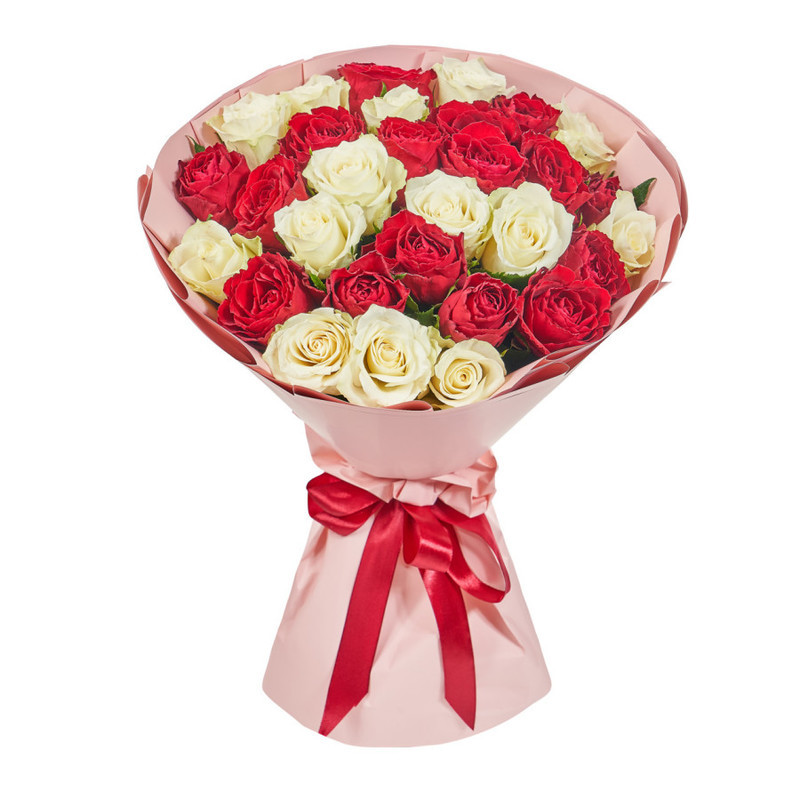 Bouquet of 31 red and white Kenyan roses in a package, standart