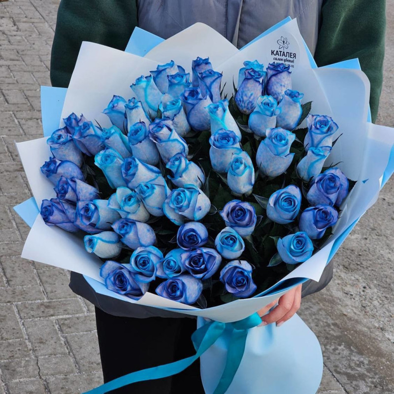 Bouquet of 51 blue roses in designer packaging, standart