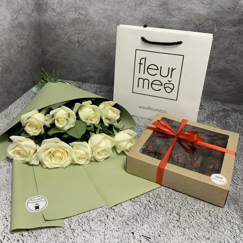 Combo set Laffre 20 berries and a bouquet of 9 white roses, standart