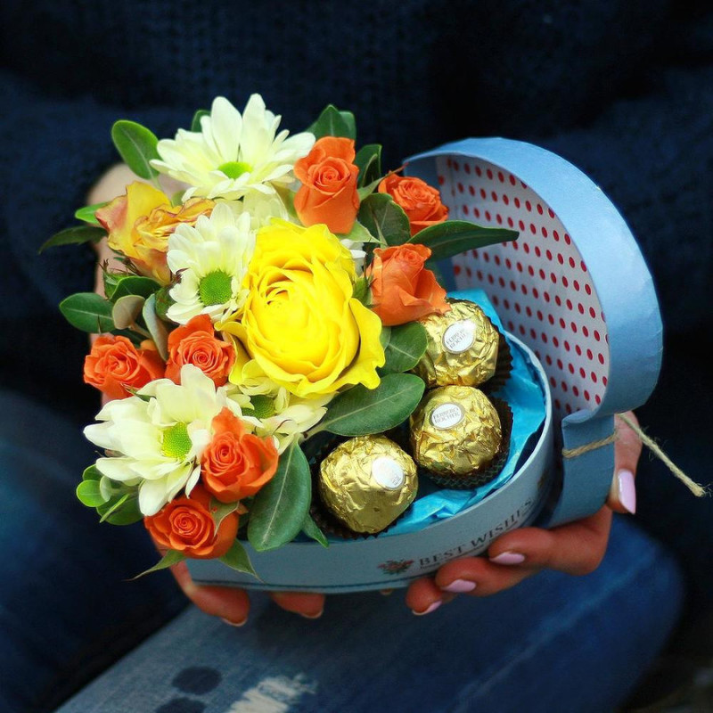 Bright flowers with sweets in a box - heart, standart