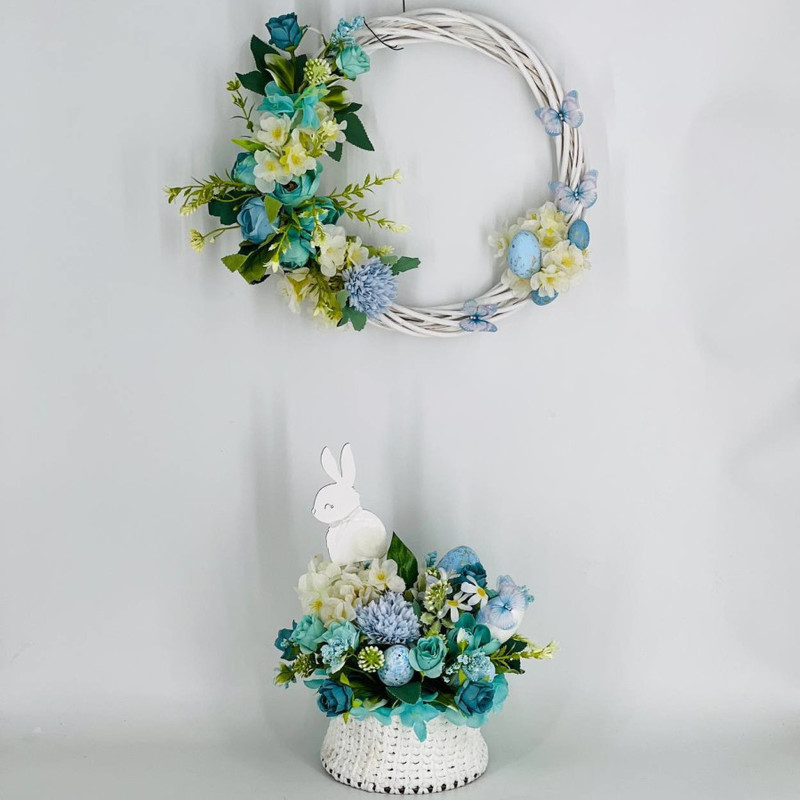 Easter wreath and bouquet of artificial flowers, standart