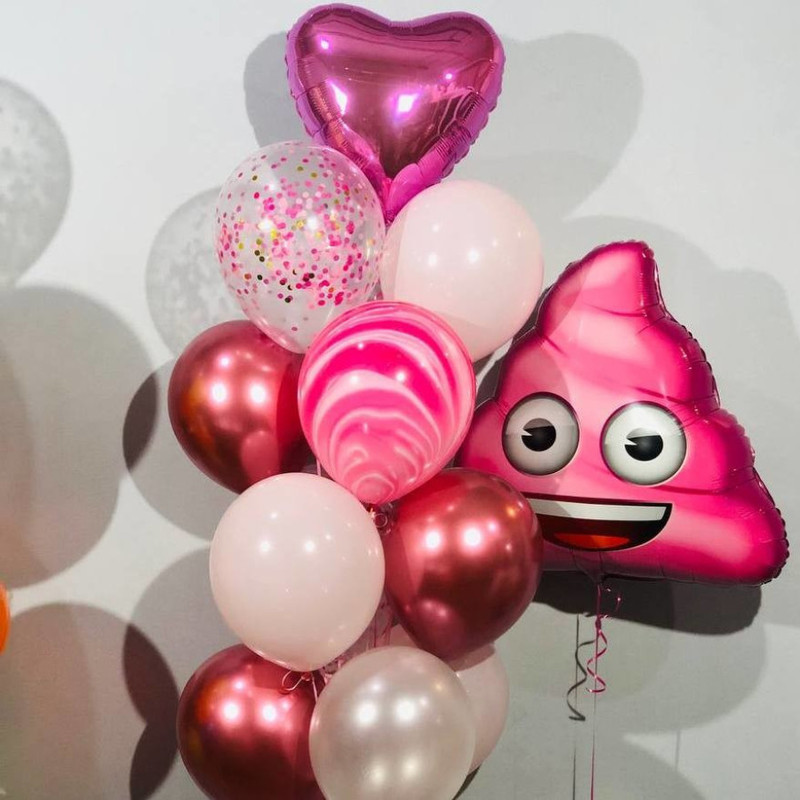 Balloon pink poop with a fountain of helium balloons, standart