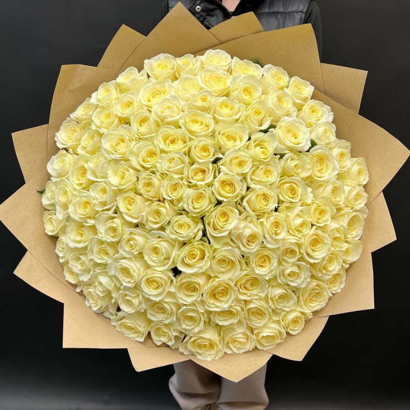Bouquet of 101 white roses in craft 50 cm, standart