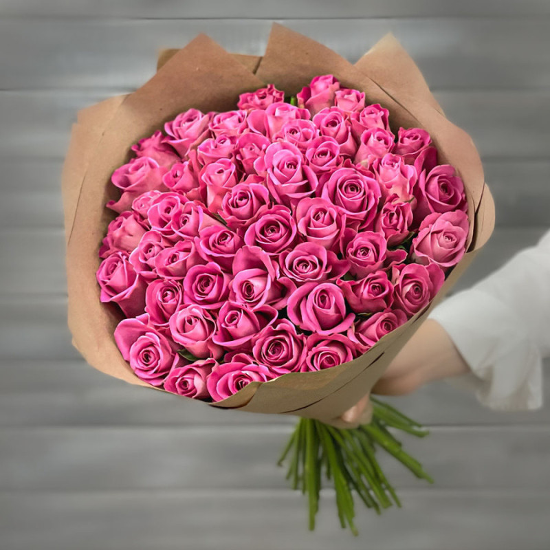 Bouquet of 51 pink roses 40 cm in craft, standart