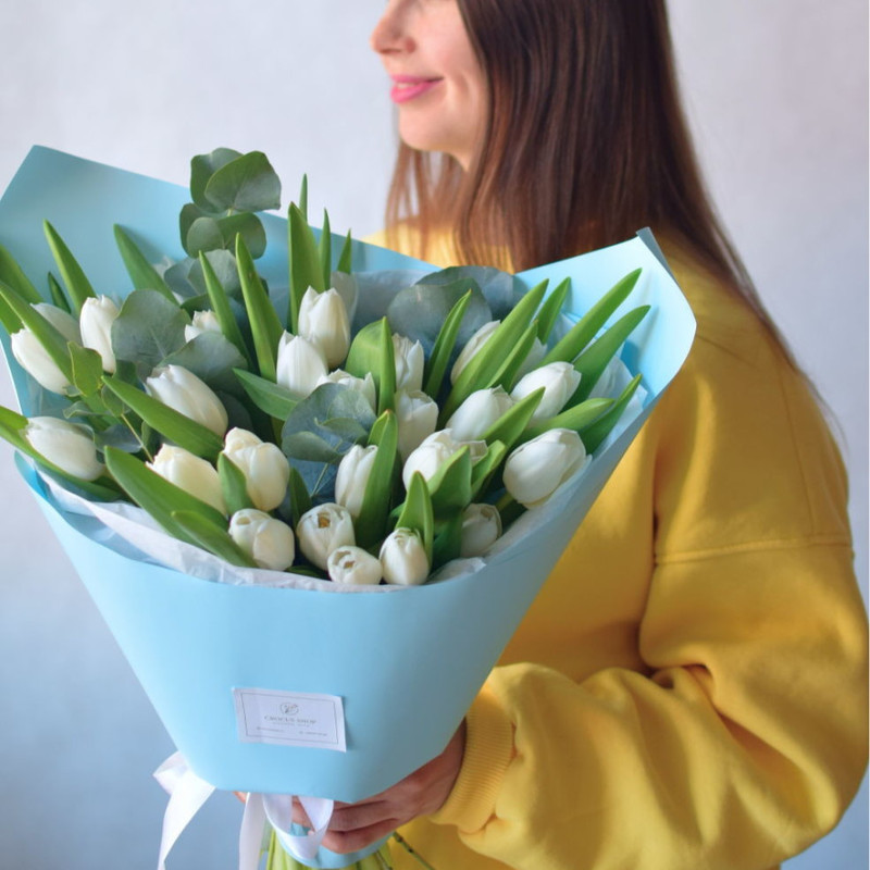 White tulips with fragrant eucalyptus, standart