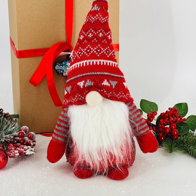 Кукла интерьерная гном Дед Мороз светящийся нос в красном колпаке с узорами, стандартный