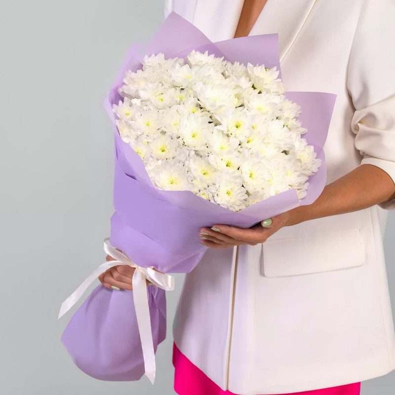 Bouquet of 9 white chrysanthemums in a package, standart