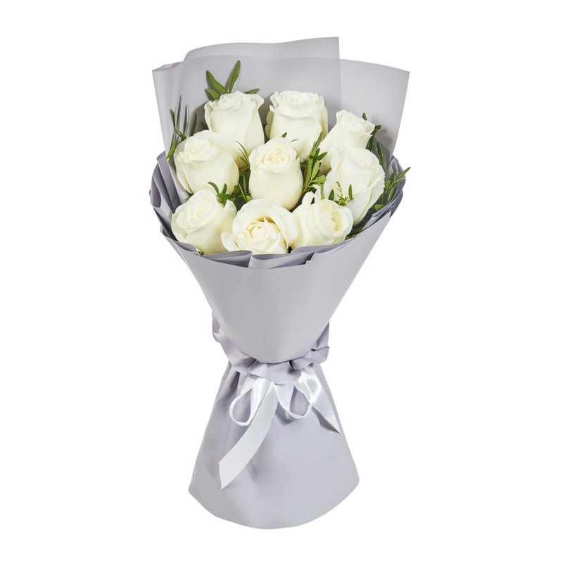 Bouquet of 9 white roses with pistakia, standart