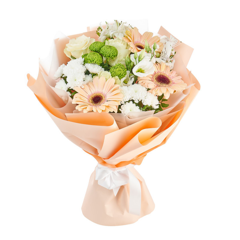 Bouquet of white chrysanthemums, eustomas and delicate gerberas, standart