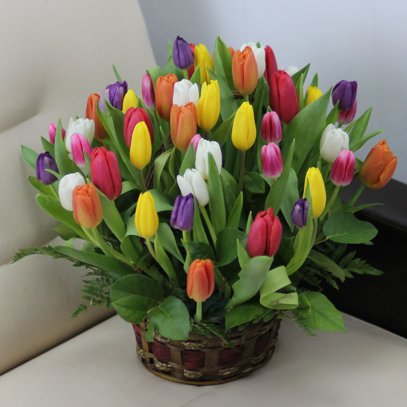 Basket of 51 tulips "Colorful", standart