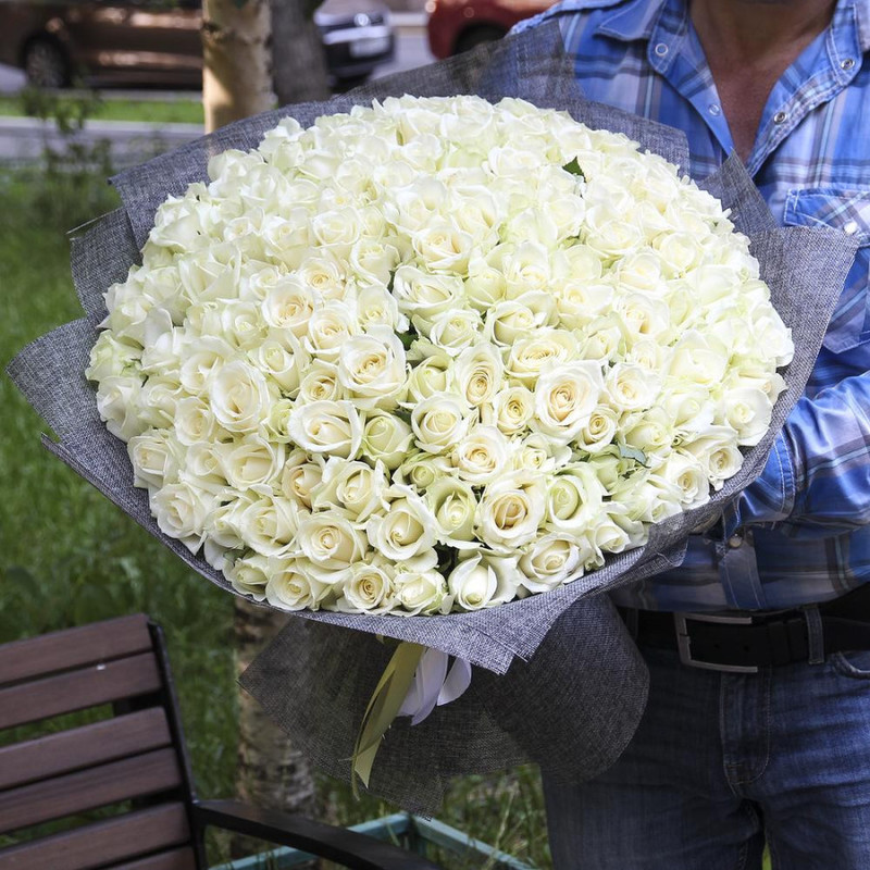 Bouquet of 151 white roses 50 cm in a grid, standart
