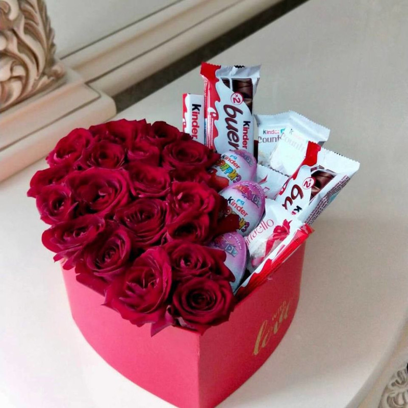 Красные розы с киндер шоколадом, стандартный