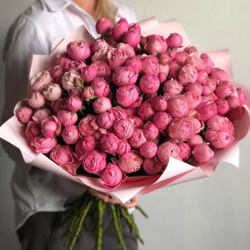 Букет из 25 кустовых пионовидных роз сорта Сильва пинк, стандартный