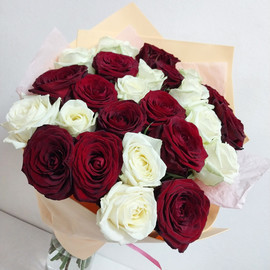 Bouquet of 25 white and red roses