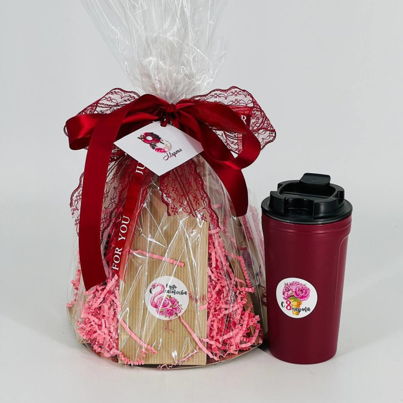 Gift for March 8, a bouquet of elite tea and coffee with a thermal glass, standart