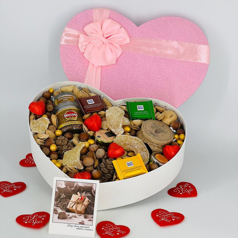 Большой насыпной бокс сердце с орехами и сладостями подарок на 14 февраля, стандартный