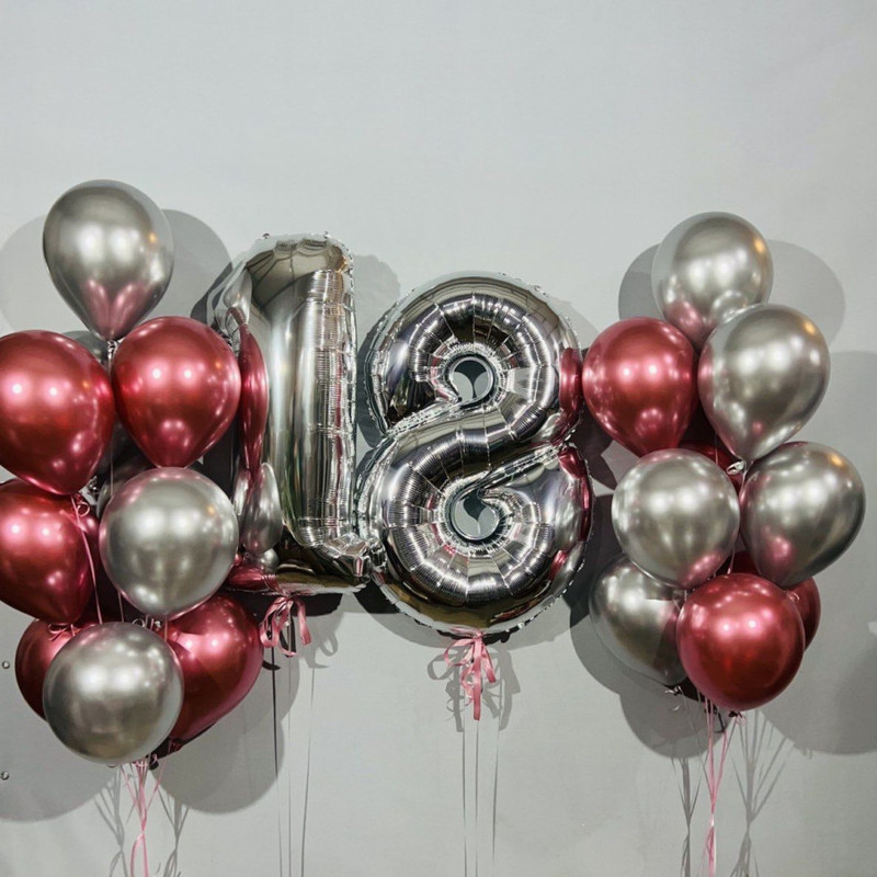 Set of chrome balloons with numbers for 18 years, standart