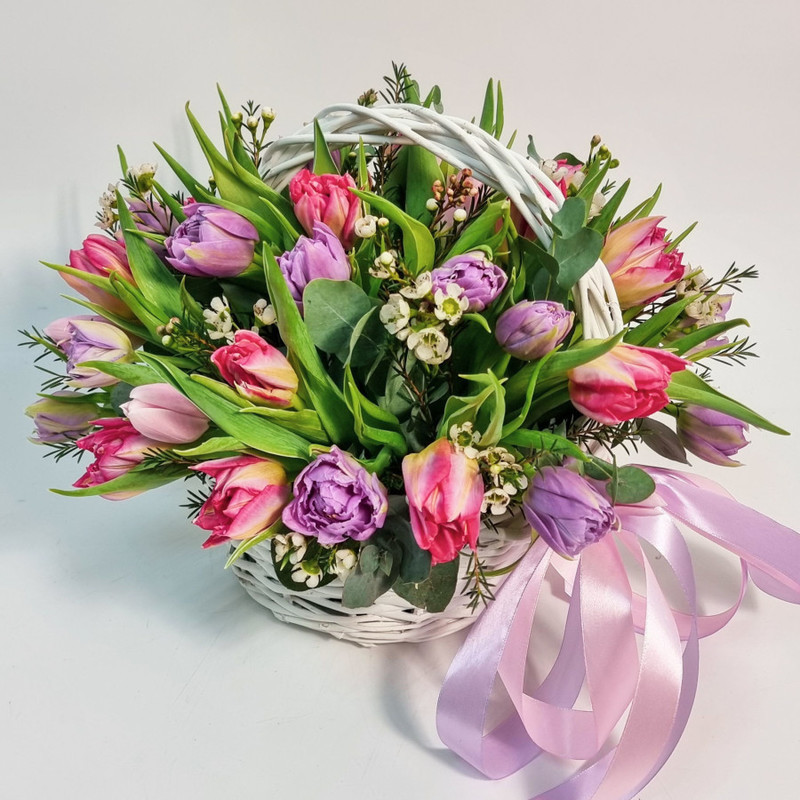 Stunning basket with peony tulips, standart