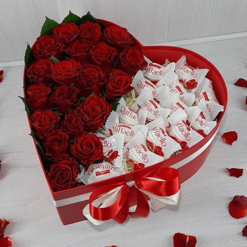 Red roses in a box with Raffaello candies, standart