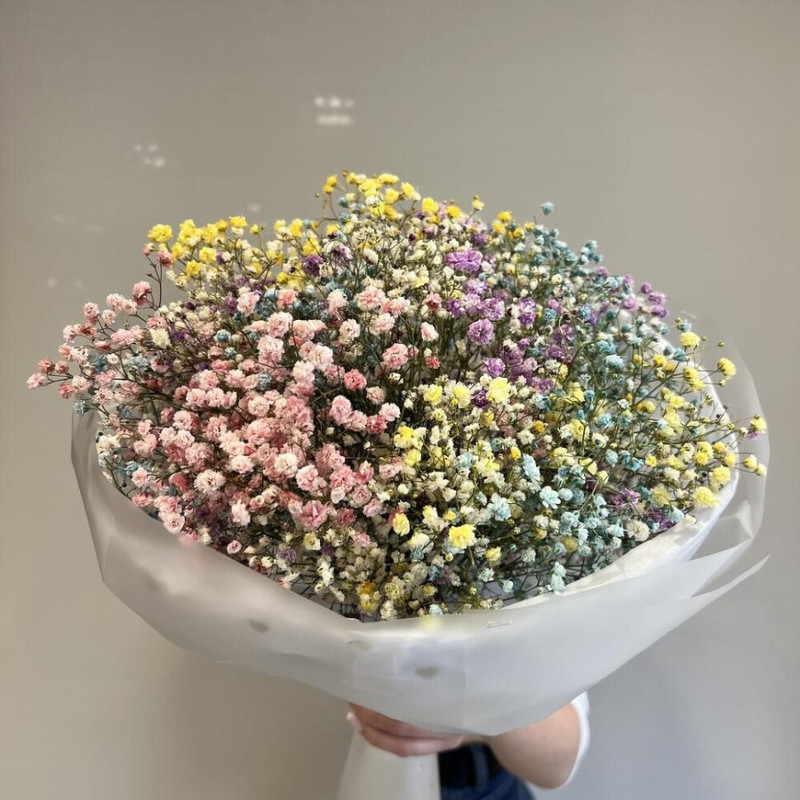 Bouquet of rainbow and multi-colored gypsophila, standart