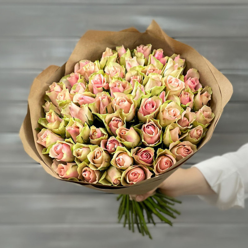 Bouquet of 51 green-pink roses 40 cm in craft, standart