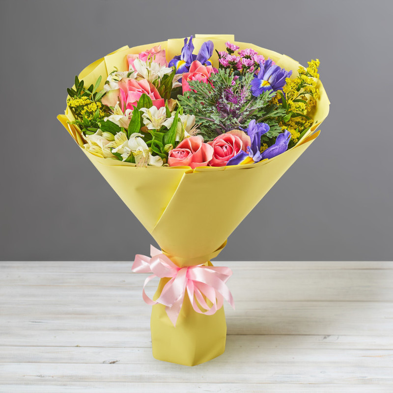 Bouquet of brassica, irises and santini, standart