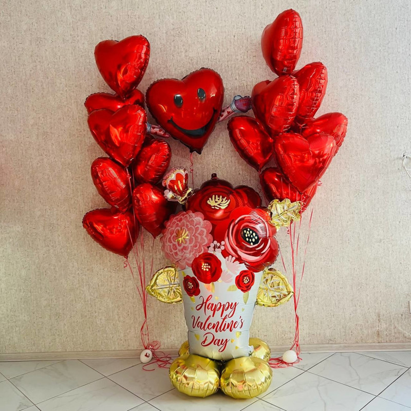 Фольгированный шар  напольный ваза с цветами и фольгированными сердцами на 14 февраля, стандартный