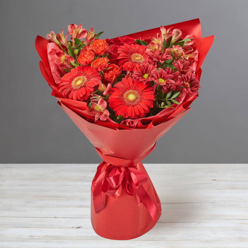 Bright red bouquet of gerberas, roses and chrysanthemums, standart